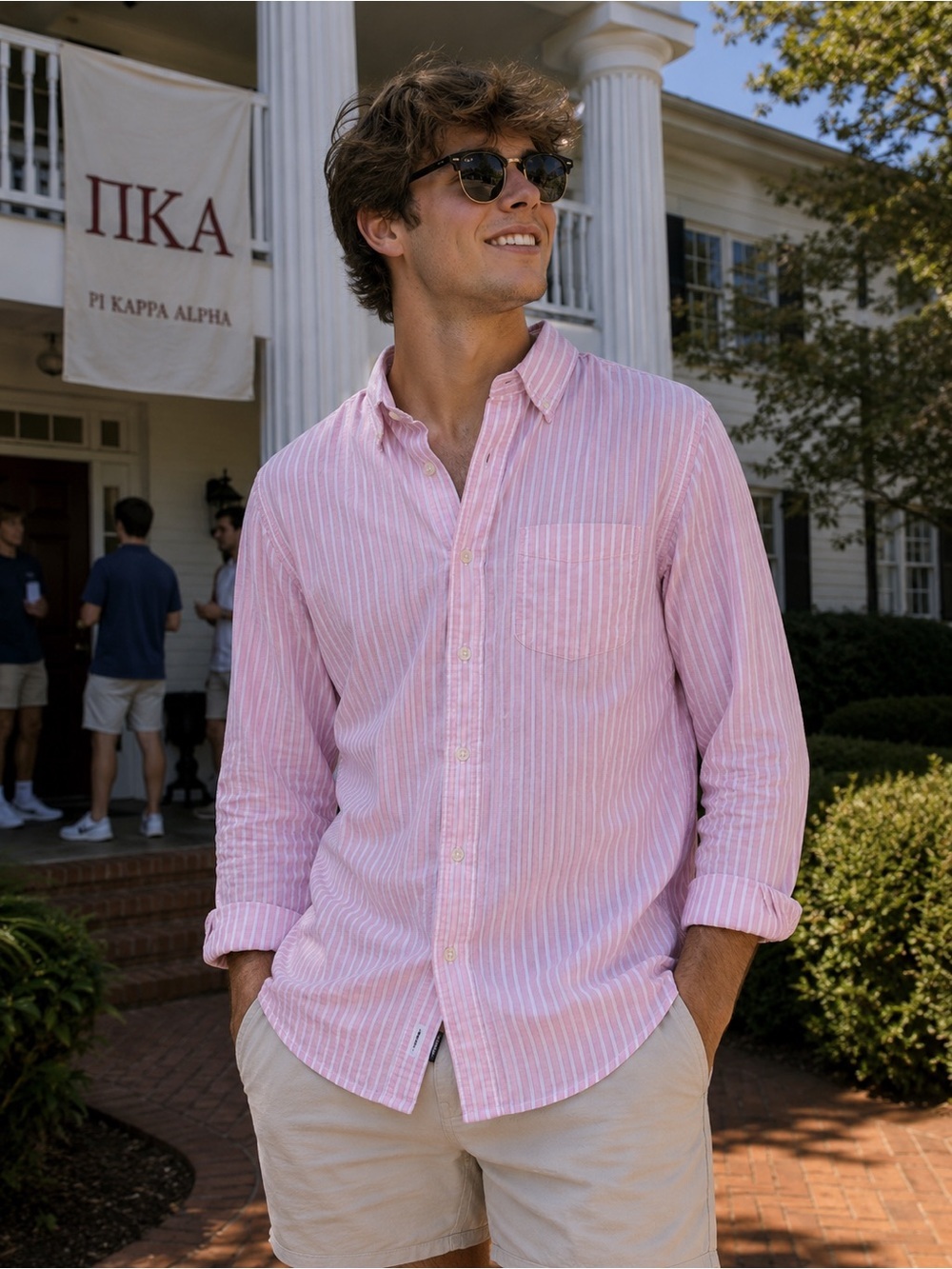Lands' End Pink & White Narrow-Striped Casual Button-Down Shirt